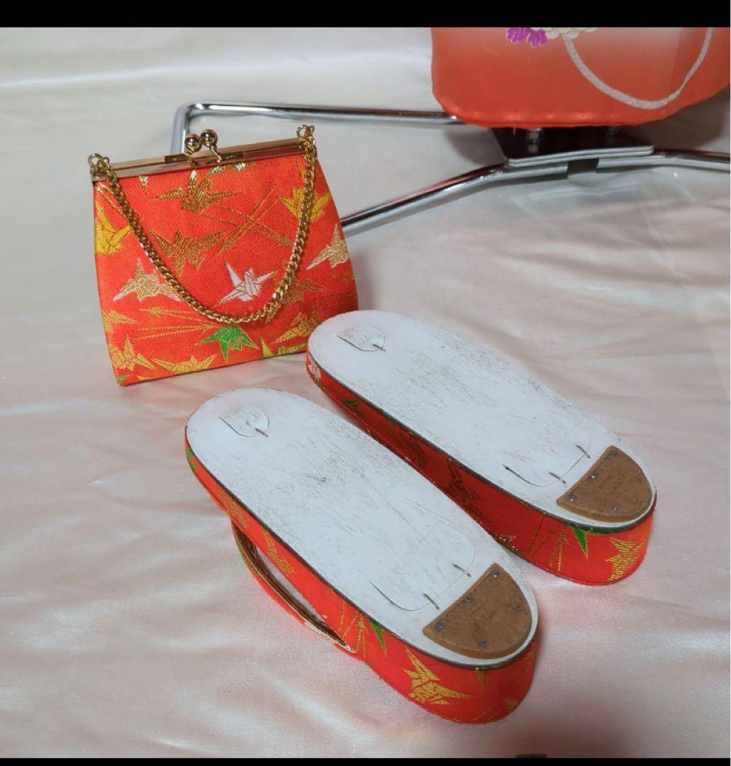 7歳七五三着物 オレンジ色 花柄刺繍付き　全セット