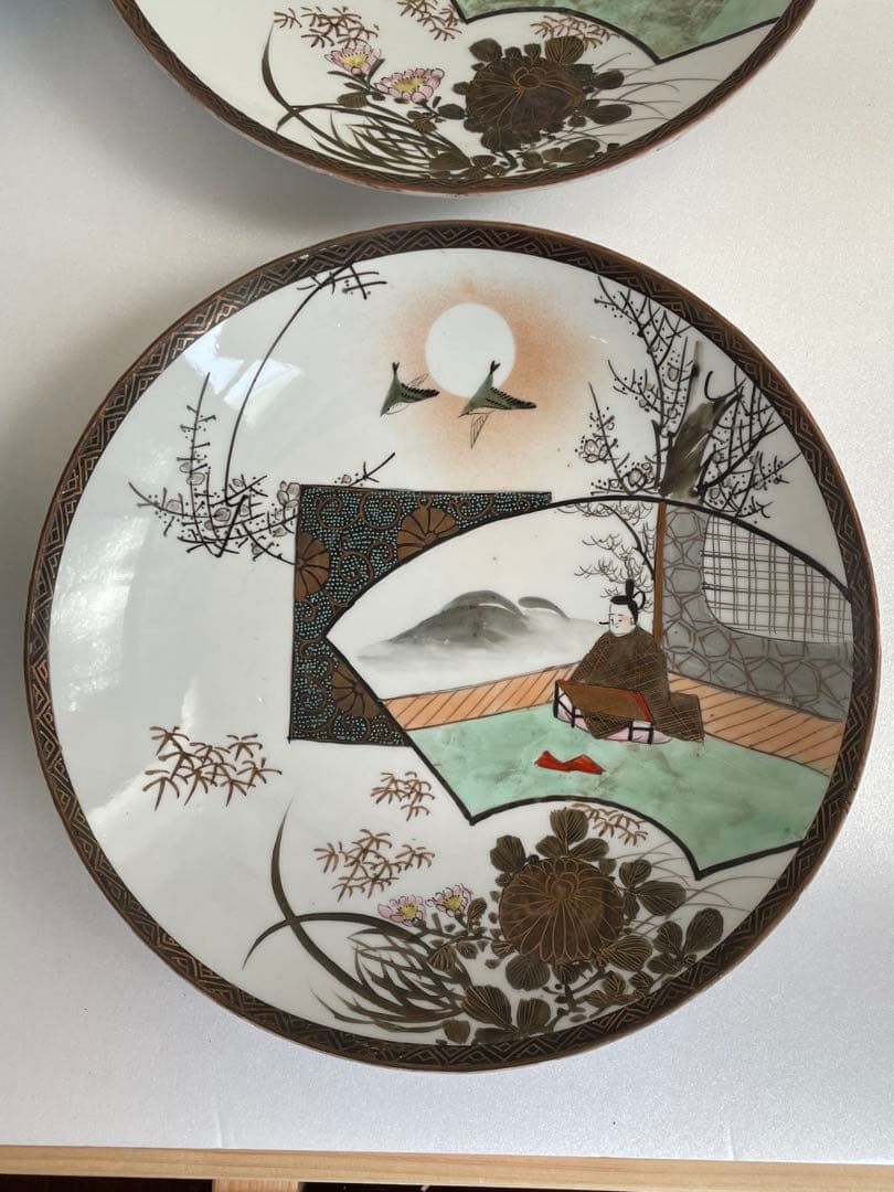 ①明治時代 九谷焼 人物図八寸皿 五客　お皿/大皿/中皿/アンティーク