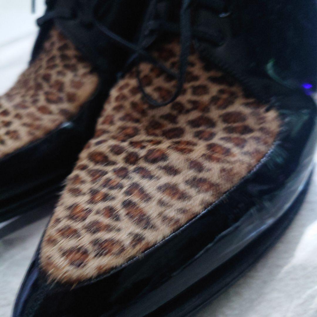 セリーヌ39（25.5）レオパードハラコポニーヘア切替パテントレザーシューズ