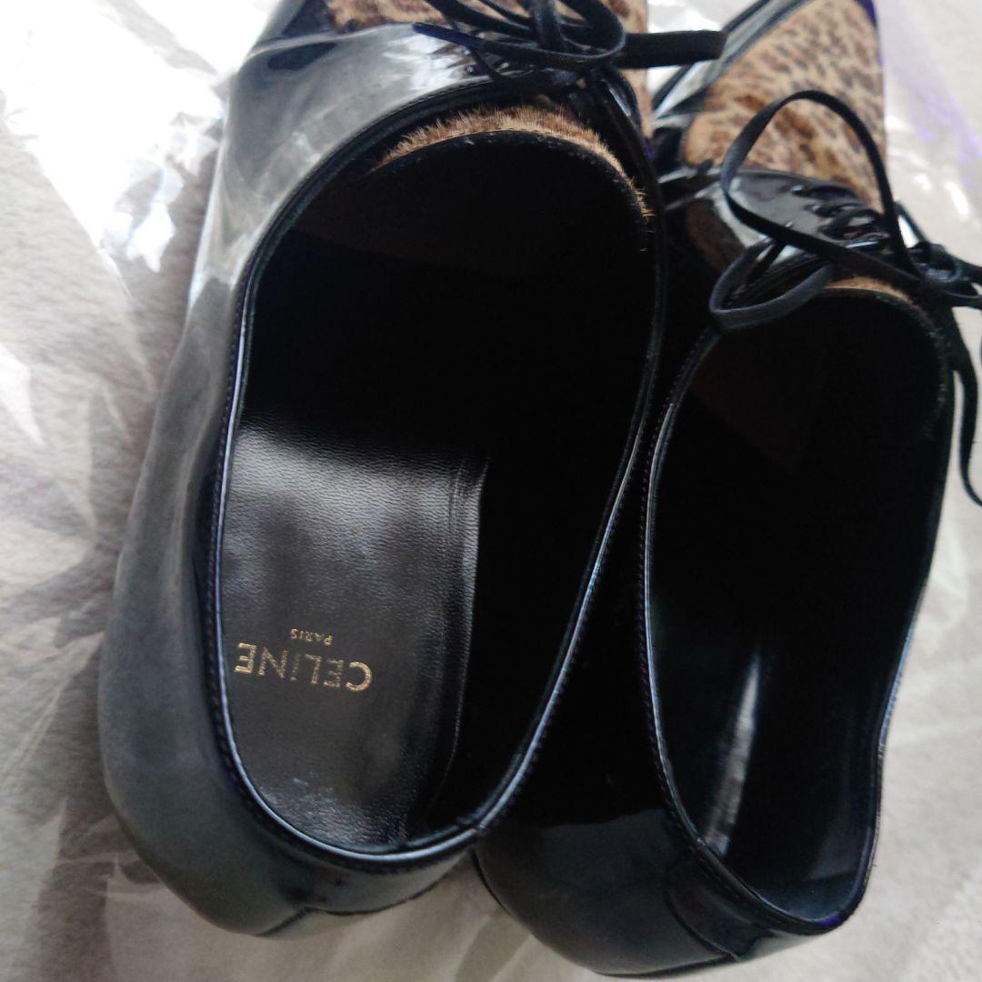 セリーヌ39（25.5）レオパードハラコポニーヘア切替パテントレザーシューズ