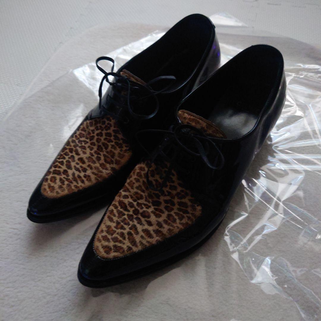 セリーヌ39（25.5）レオパードハラコポニーヘア切替パテントレザーシューズ