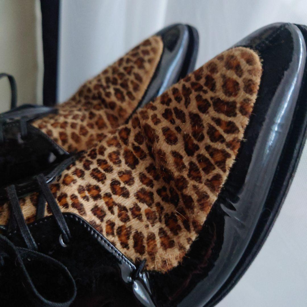 セリーヌ39（25.5）レオパードハラコポニーヘア切替パテントレザーシューズ