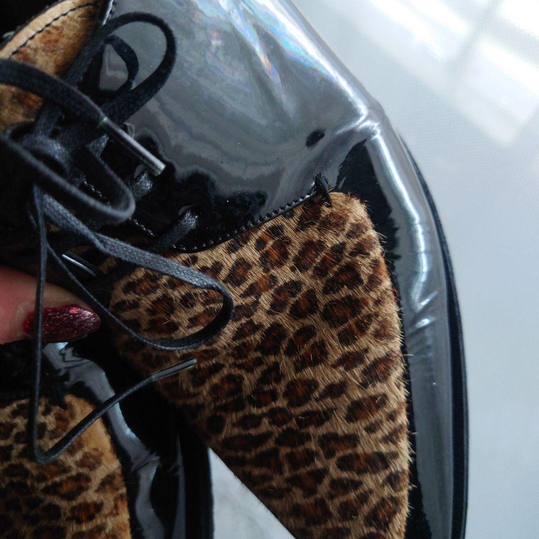 セリーヌ39（25.5）レオパードハラコポニーヘア切替パテントレザーシューズ