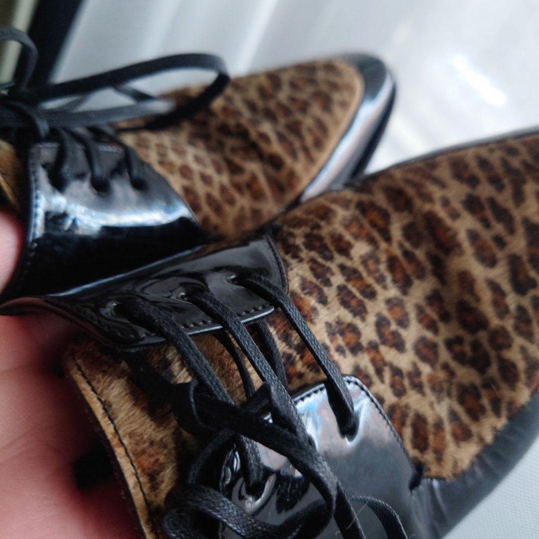 セリーヌ39（25.5）レオパードハラコポニーヘア切替パテントレザーシューズ