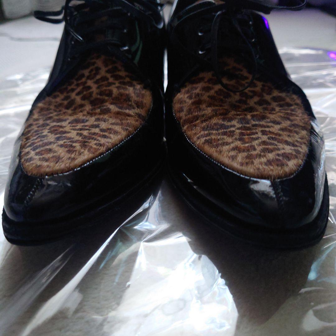 セリーヌ39（25.5）レオパードハラコポニーヘア切替パテントレザーシューズ