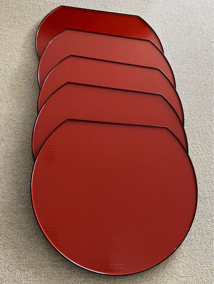 越前塗り　尺3半月両面膳　五枚セット　朱と黒両面 天然木　未使用品　美品