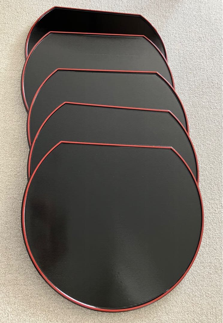 越前塗り　尺3半月両面膳　五枚セット　朱と黒両面 天然木　未使用品　美品