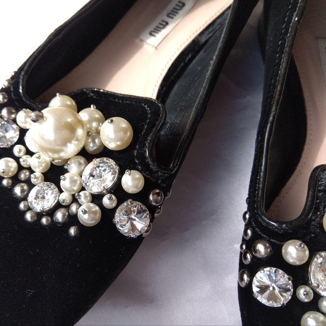 ミュウミュウ　MIUMIU　ビジューベロア　フラットシューズ　37.5