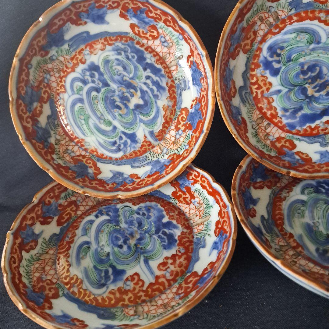 「現代アート？！な古伊万里皿(直径11cm)」金彩色絵小皿 5客セット 骨董アン
