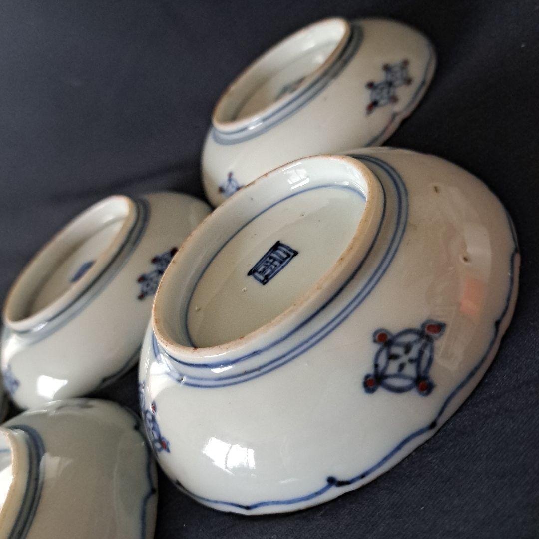 「現代アート？！な古伊万里皿(直径11cm)」金彩色絵小皿 5客セット 骨董アン