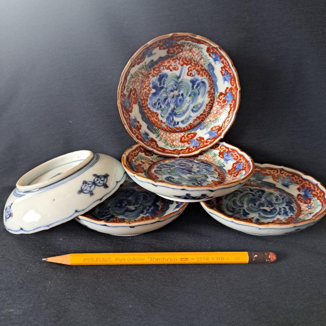 「現代アート？！な古伊万里皿(直径11cm)」金彩色絵小皿 5客セット 骨董アン