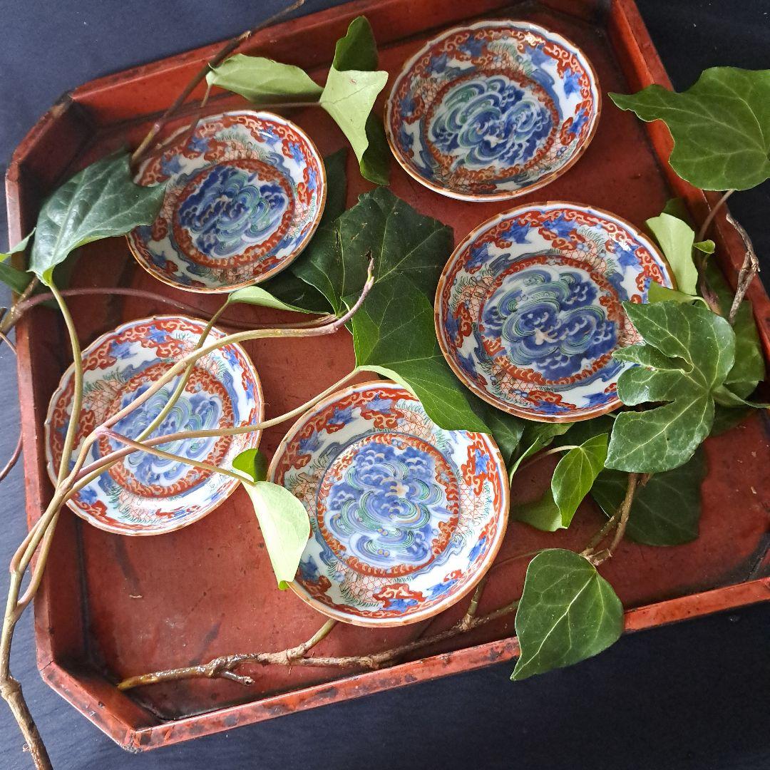 「現代アート？！な古伊万里皿(直径11cm)」金彩色絵小皿 5客セット 骨董アン