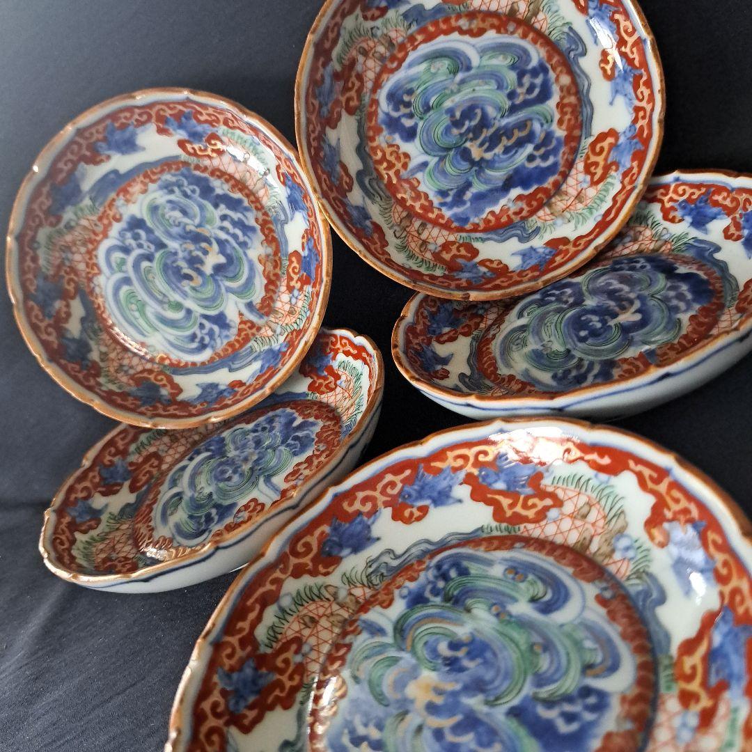 「現代アート？！な古伊万里皿(直径11cm)」金彩色絵小皿 5客セット 骨董アン