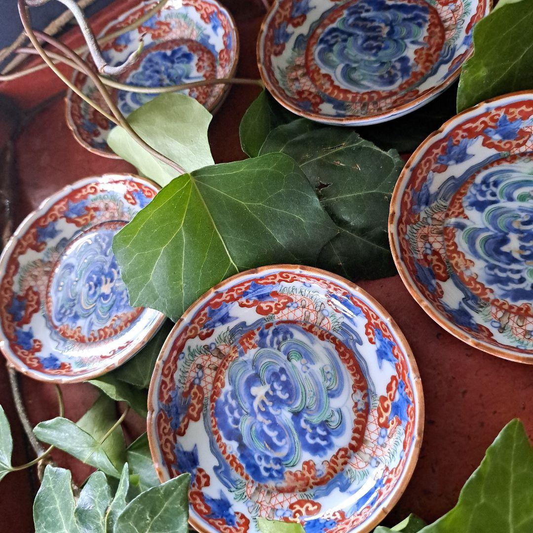 「現代アート？！な古伊万里皿(直径11cm)」金彩色絵小皿 5客セット 骨董アン