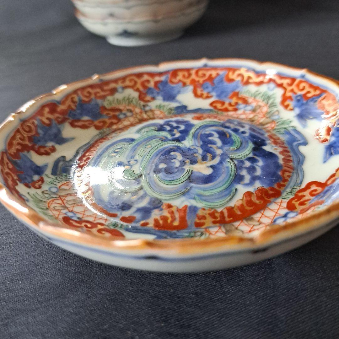 「現代アート？！な古伊万里皿(直径11cm)」金彩色絵小皿 5客セット 骨董アン