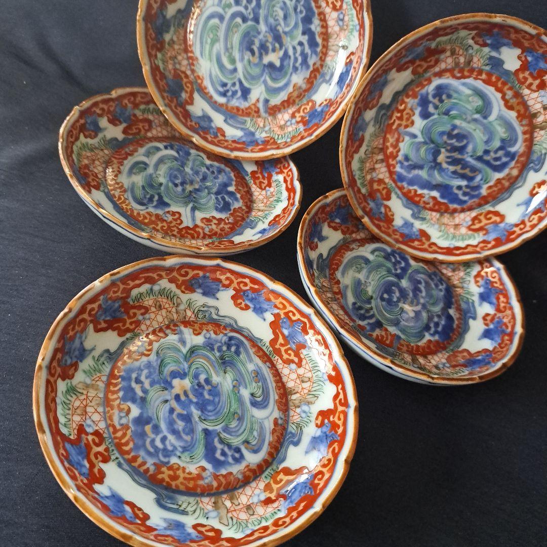 「現代アート？！な古伊万里皿(直径11cm)」金彩色絵小皿 5客セット 骨董アン