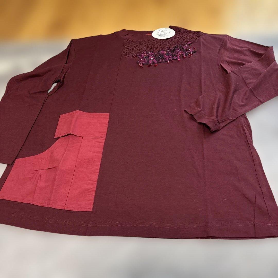 アルベロベロワインレッド 長袖チュニック刺繍 ビーズ装飾グレーチュールチュニック