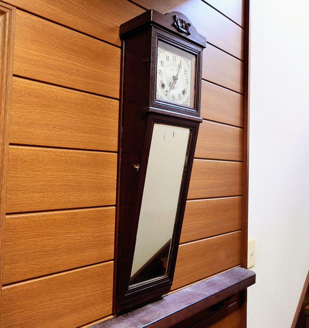 〈完動美品〉珍品　英工舎LIGHT印　鏡付き傾斜型ゼンマイ振り子掛け時計　古時計