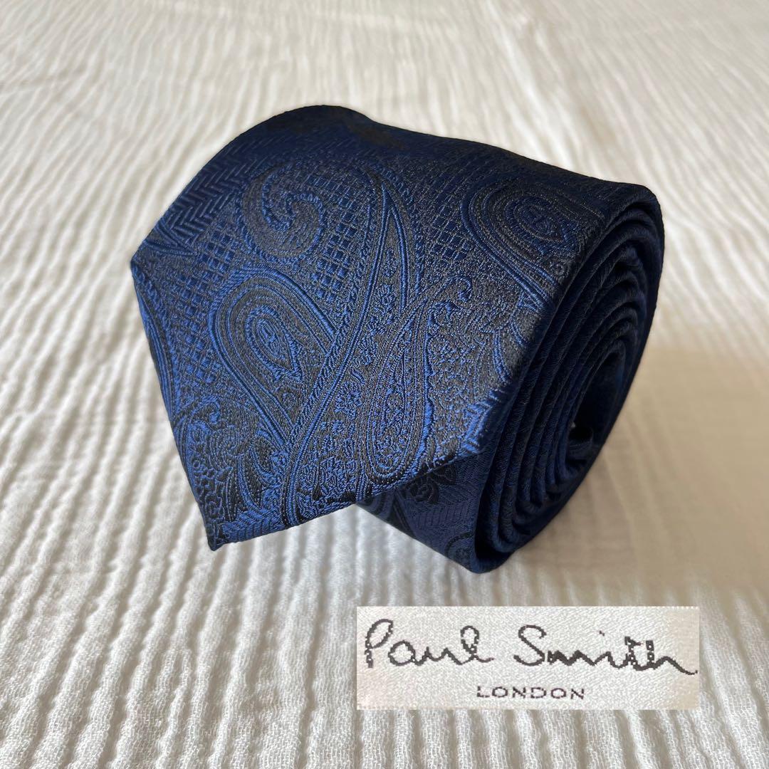 【 未使用 】 ポールスミス ペイズリー柄 ネイビー ジャガード織 光沢感
