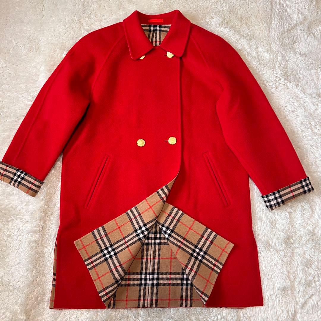 バーバリーズ ダブルフェイス コート カシミヤ混 レッド 金ボタン