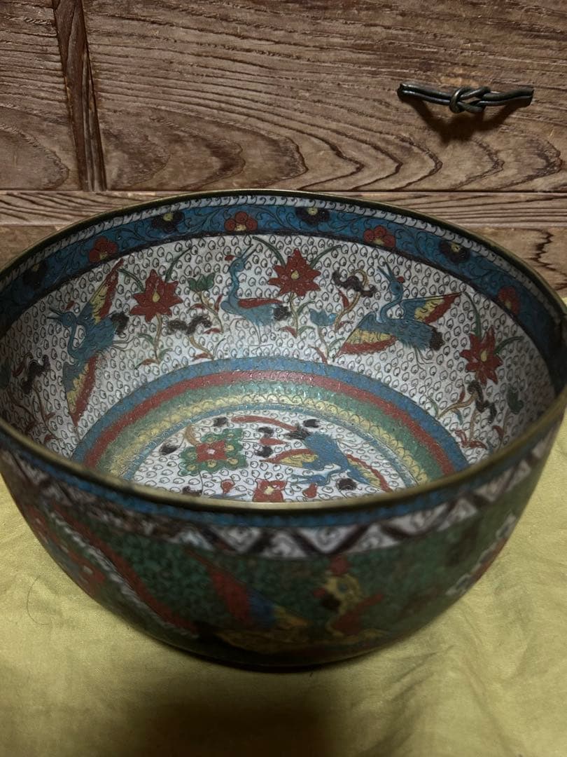 中国　明時代　花鳥文七宝　銅製　鉢　水指