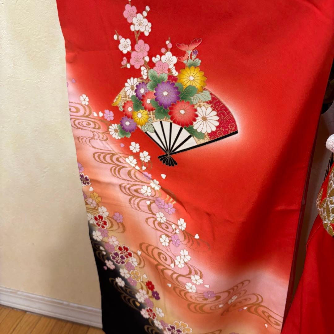 七五三 女子着物 7歳赤地暈し‼️豪華扇花々金彩金箔絢爛完全フルセット‼️