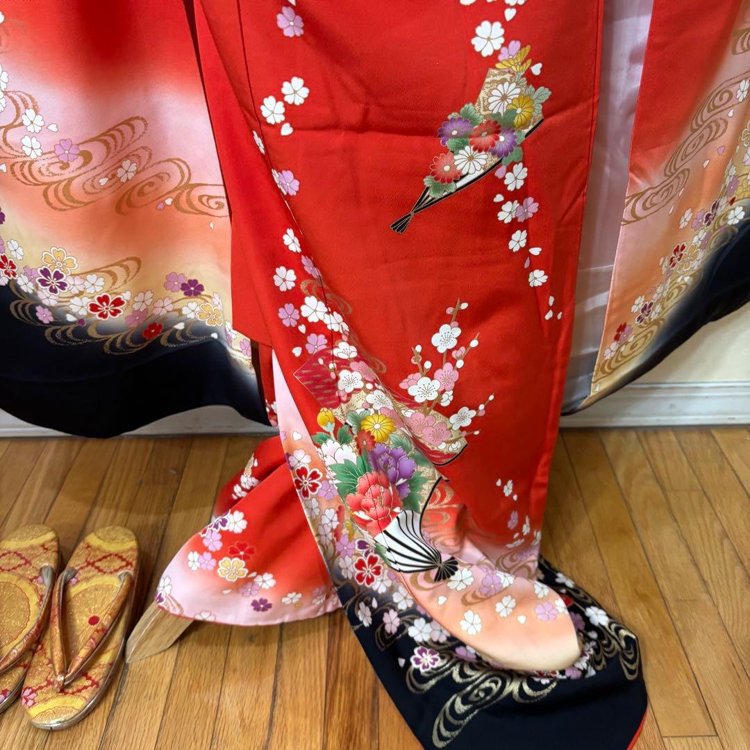 七五三 女子着物 7歳赤地暈し‼️豪華扇花々金彩金箔絢爛完全フルセット‼️