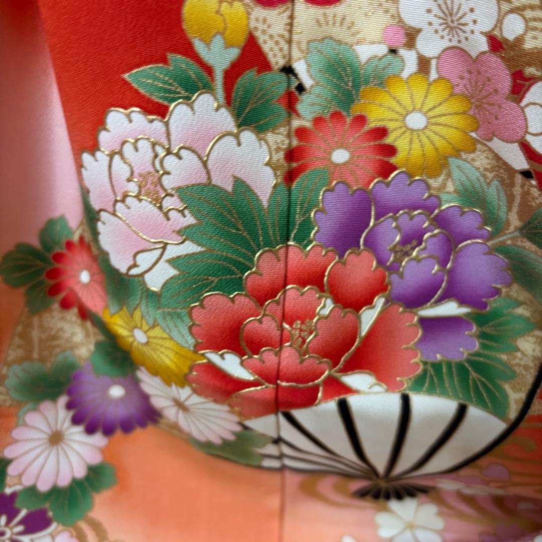 七五三 女子着物 7歳赤地暈し‼️豪華扇花々金彩金箔絢爛完全フルセット‼️