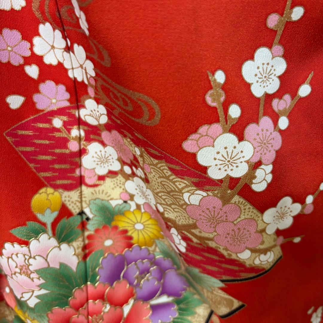 七五三 女子着物 7歳赤地暈し‼️豪華扇花々金彩金箔絢爛完全フルセット‼️