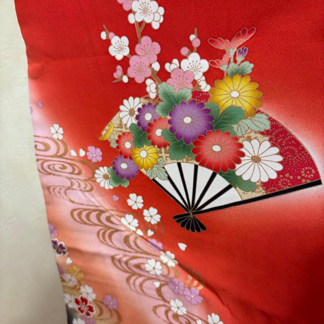 七五三 女子着物 7歳赤地暈し‼️豪華扇花々金彩金箔絢爛完全フルセット‼️