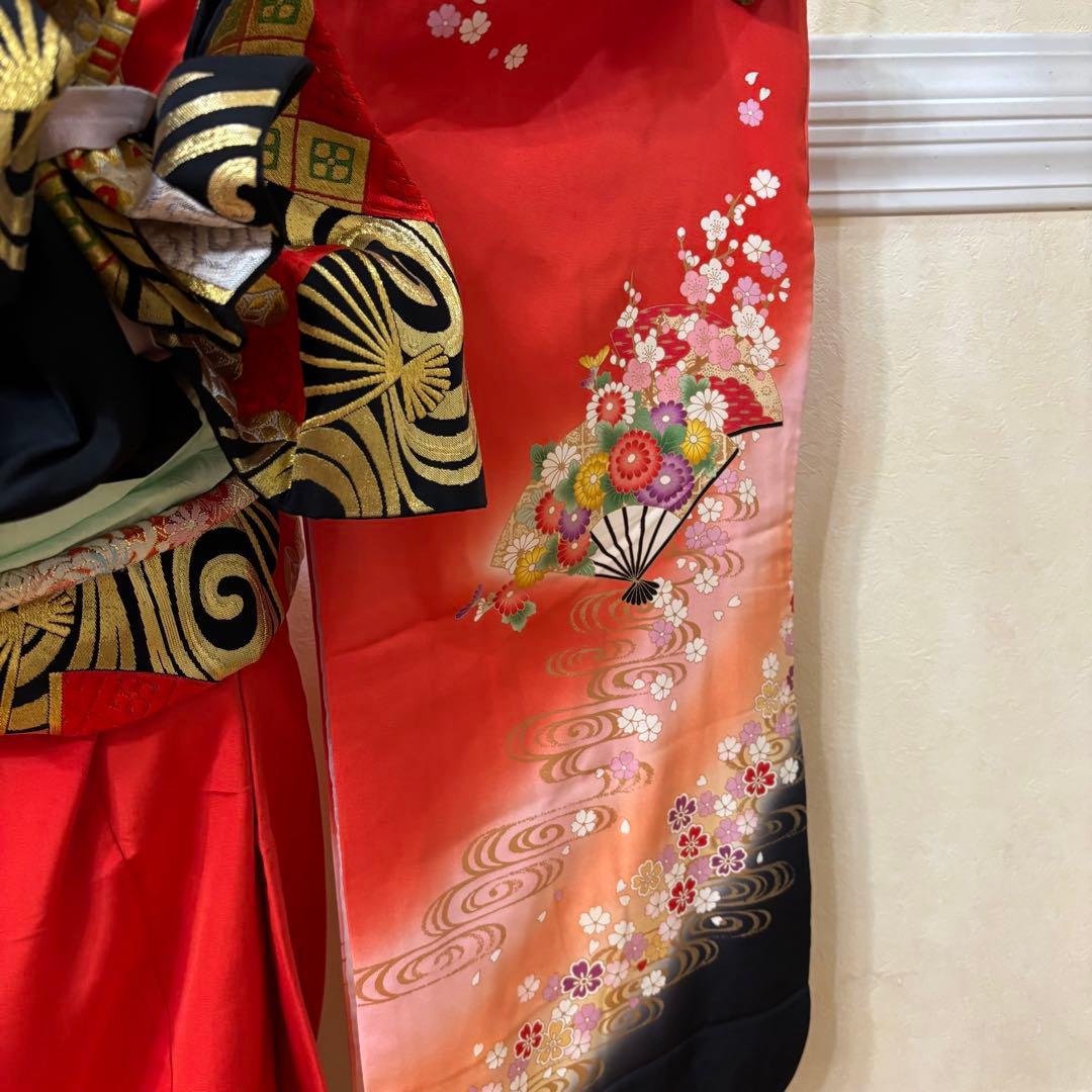 七五三 女子着物 7歳赤地暈し‼️豪華扇花々金彩金箔絢爛完全フルセット‼️