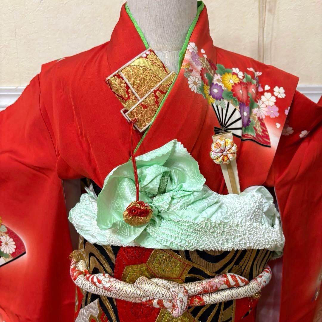 七五三 女子着物 7歳赤地暈し‼️豪華扇花々金彩金箔絢爛完全フルセット‼️