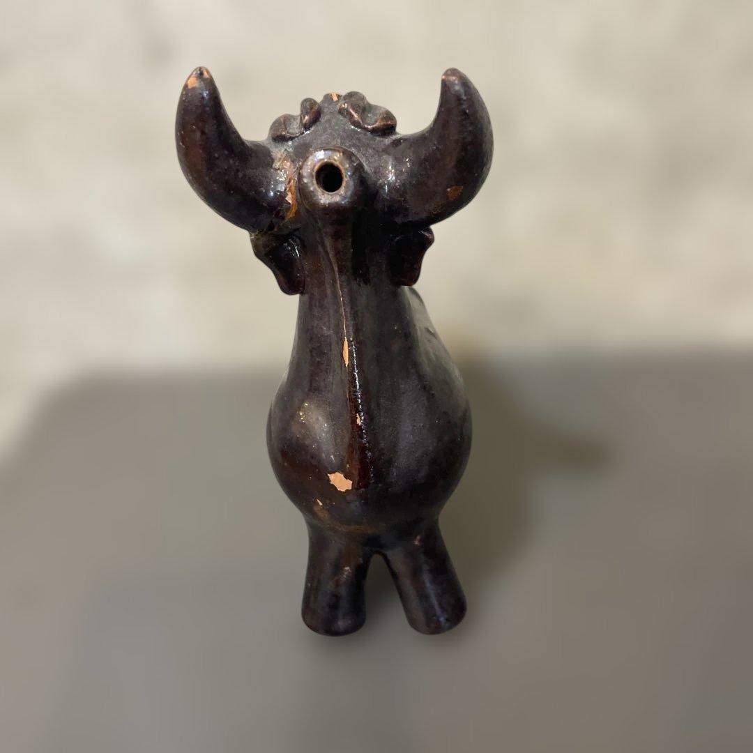 ヴィンテージ スペイン陶器製 雄牛のボティホ：動物の形をした水瓶、クエンカ