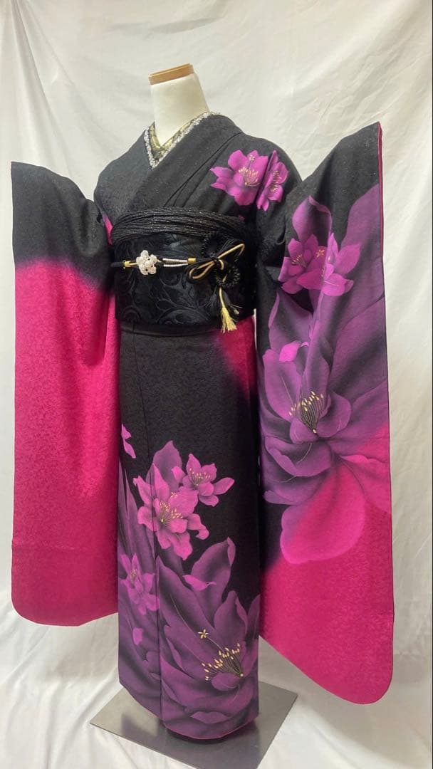 まさみ品　黒とピンク 花柄　振袖フルセット　正絹振袖成人式振袖6点セット
