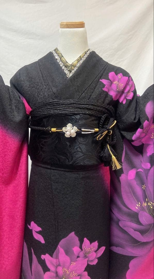 まさみ品　黒とピンク 花柄　振袖フルセット　正絹振袖成人式振袖6点セット