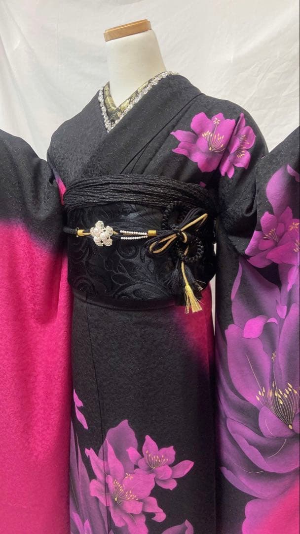 まさみ品　黒とピンク 花柄　振袖フルセット　正絹振袖成人式振袖6点セット