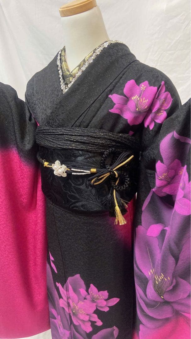 まさみ品　黒とピンク 花柄　振袖フルセット　正絹振袖成人式振袖6点セット