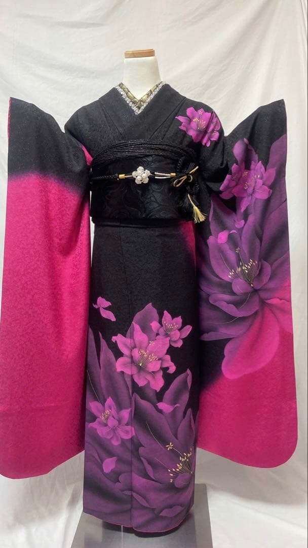 まさみ品　黒とピンク 花柄　振袖フルセット　正絹振袖成人式振袖6点セット