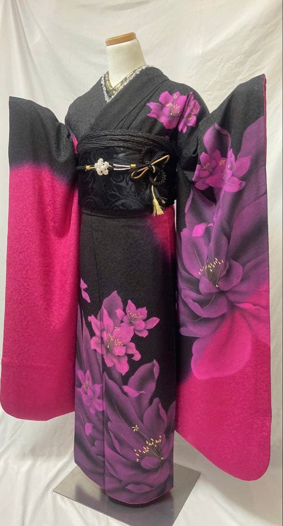 まさみ品　黒とピンク 花柄　振袖フルセット　正絹振袖成人式振袖6点セット