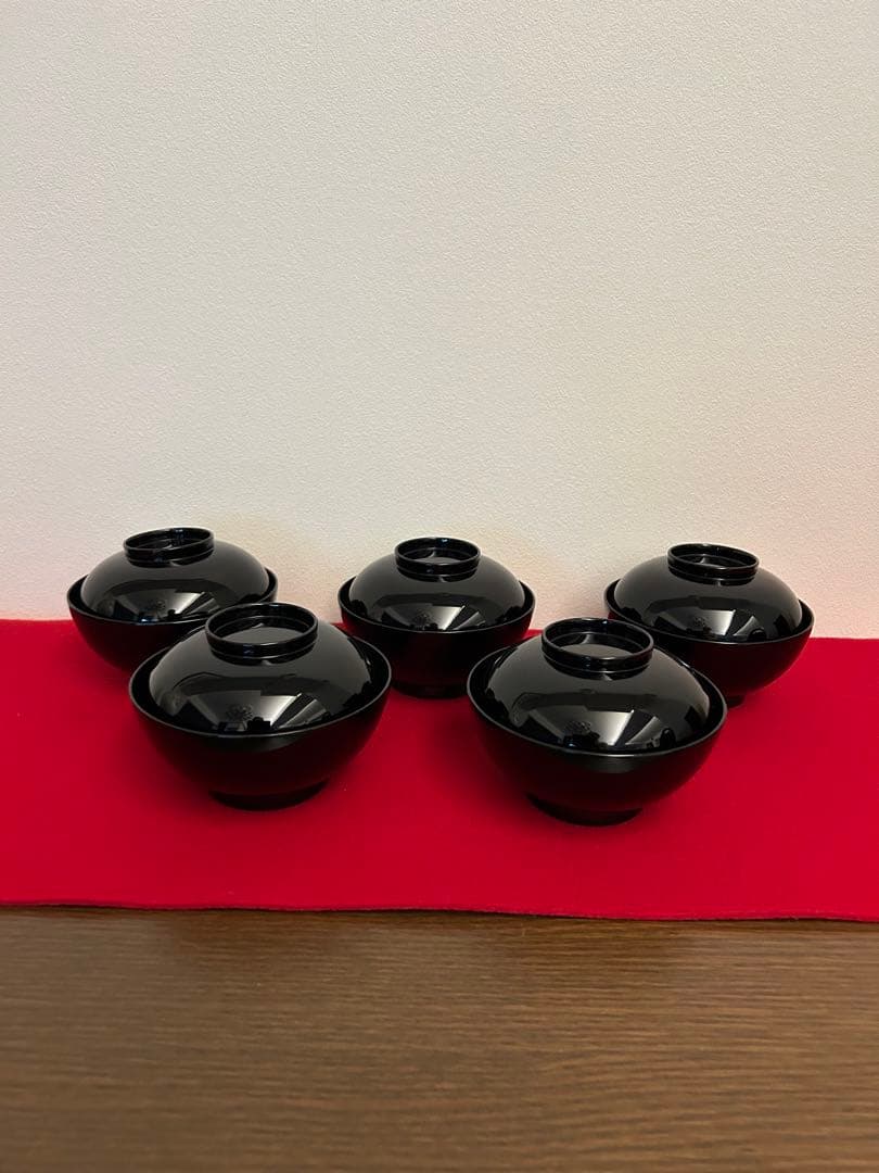 輪島塗　黒呂色蓋内銀地　紅葉蒔絵煮物椀五客