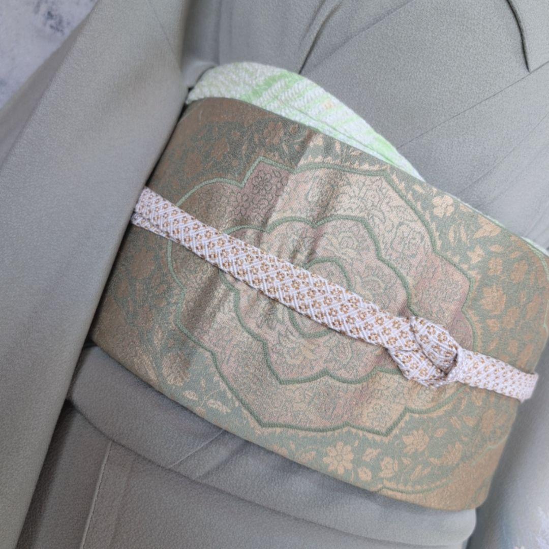 訪問着　フルセット　着物　正絹　木柄　緑　しつけ糸　ナチュラル　優美　自然　O5