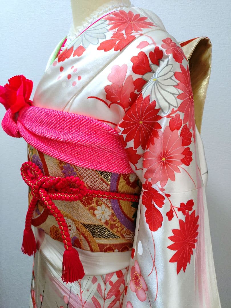振袖　長襦袢　袋帯　帯締　帯揚　重衿　フリルレース衿　フルセット　美品