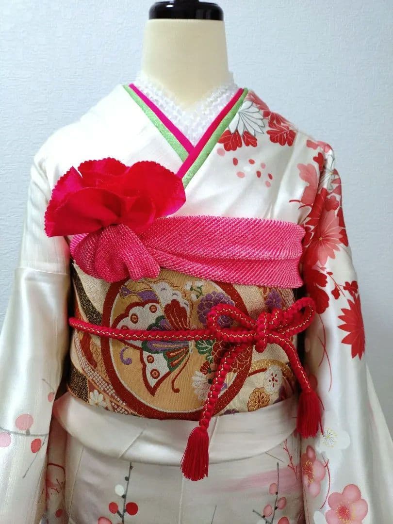 振袖　長襦袢　袋帯　帯締　帯揚　重衿　フリルレース衿　フルセット　美品
