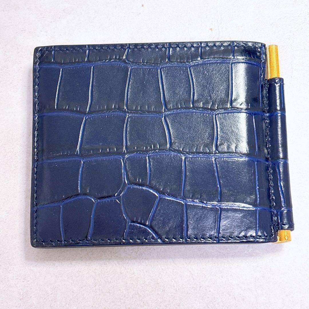 【即完売レア色ネイビー】トムフォード　マネークリップ　二つ折り財布　クロコ