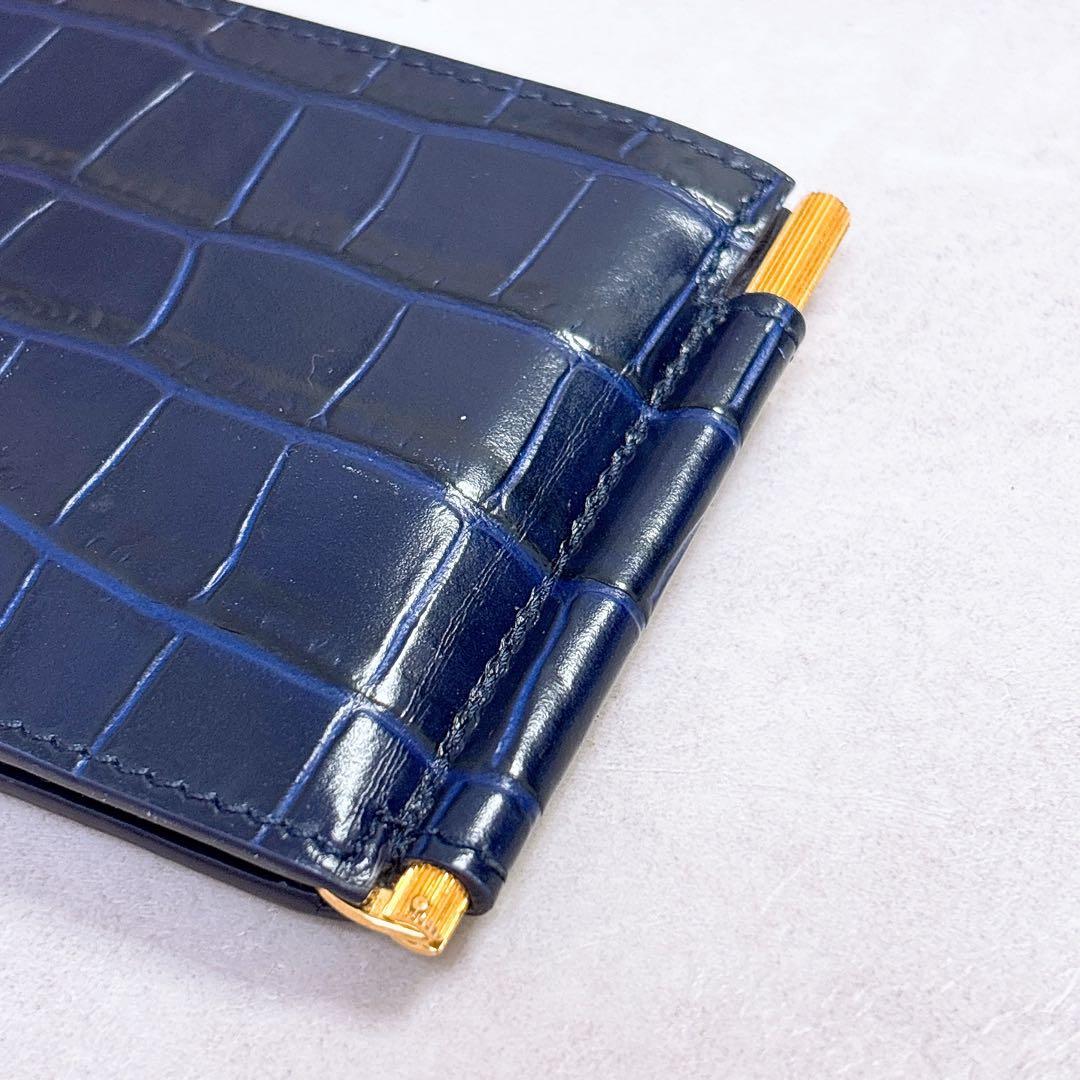 【即完売レア色ネイビー】トムフォード　マネークリップ　二つ折り財布　クロコ
