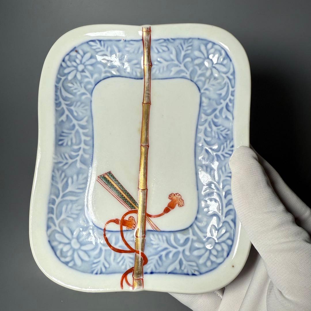 明治時代　有田焼　岩松平吾　色絵軍配形皿　五枚　角岩印　陽刻　珍品　残り僅か