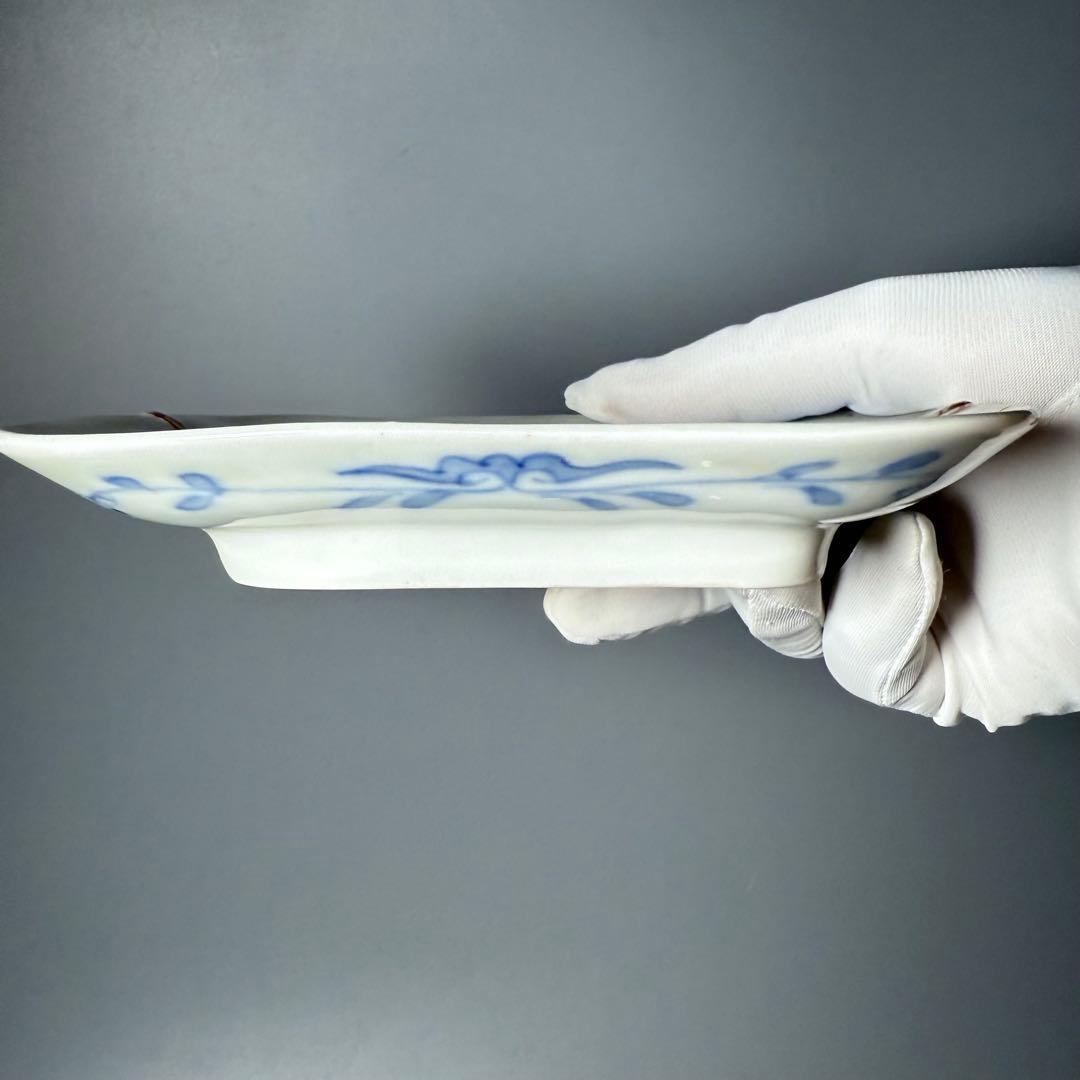 明治時代　有田焼　岩松平吾　色絵軍配形皿　五枚　角岩印　陽刻　珍品　残り僅か