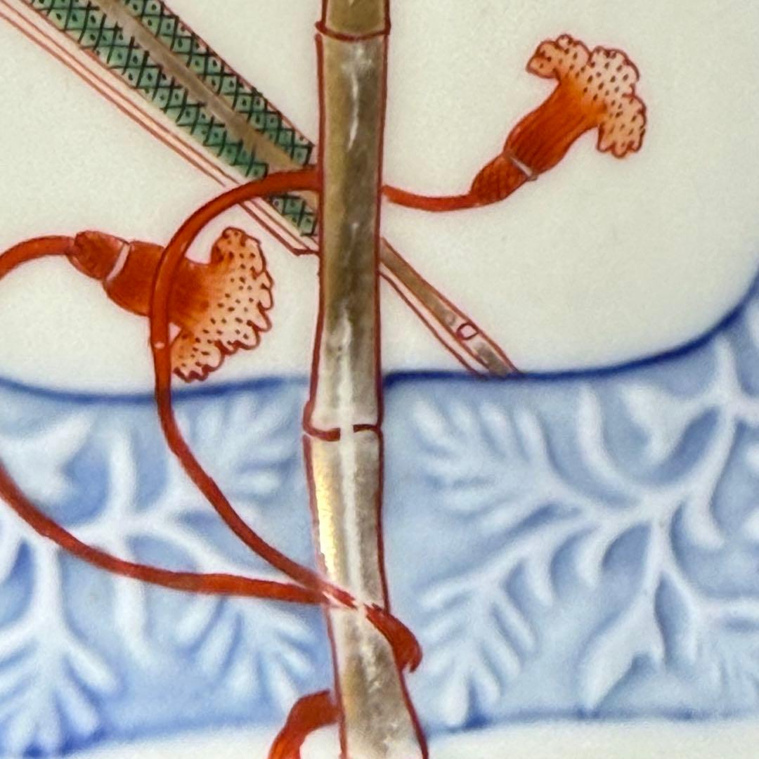 明治時代　有田焼　岩松平吾　色絵軍配形皿　五枚　角岩印　陽刻　珍品　残り僅か