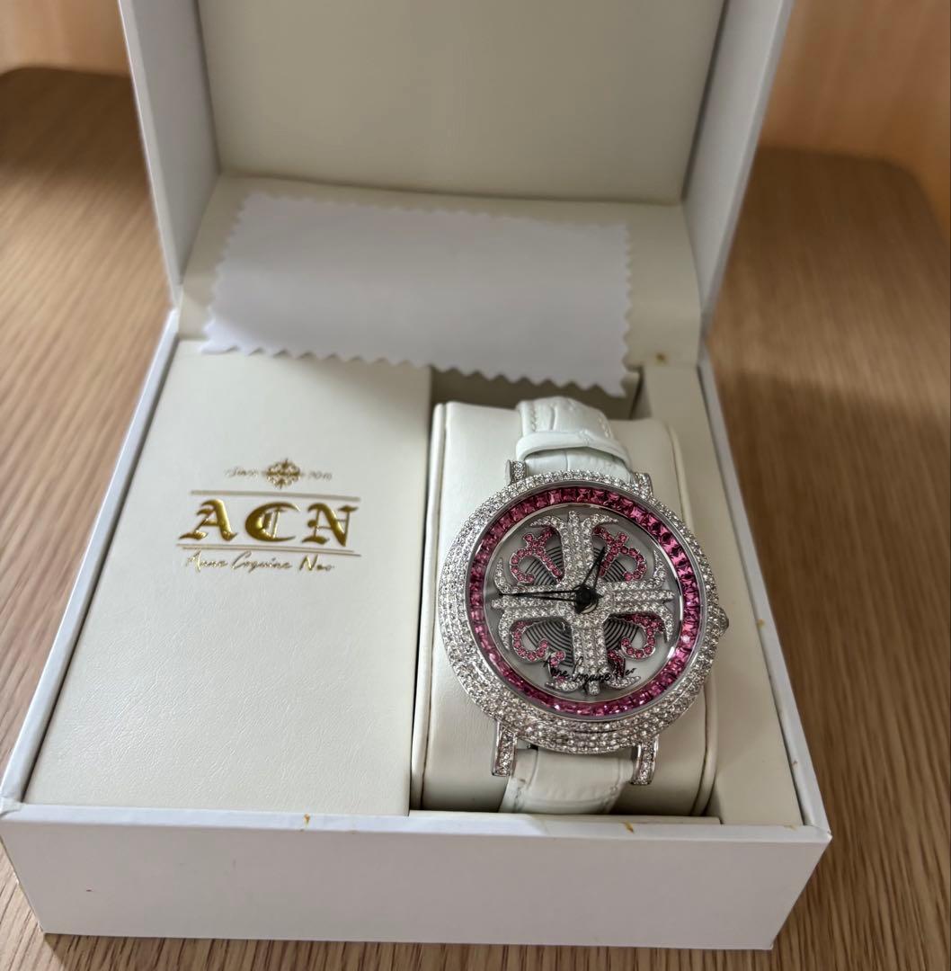 〈ポチママ〉ACN 腕時計 ホワイトレザー ピンク装飾