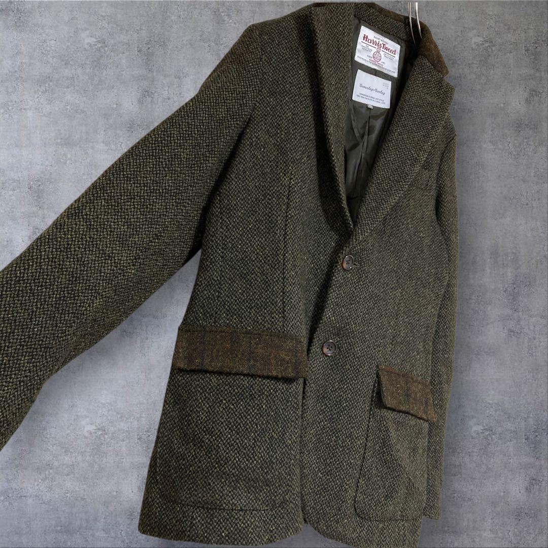 【美品】別注　ハリスツイード テーラードジャケットエルボーパッチ　カーキ M
